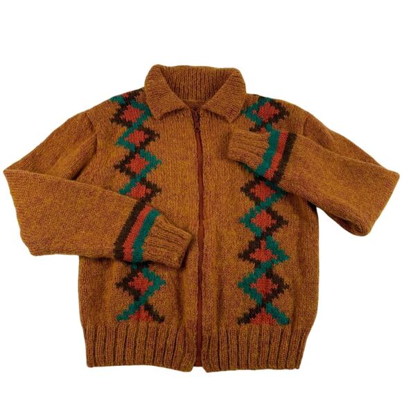 Vintage Faded Orange Zip Up Cropped Cowichan Style Knit Sweater Fits like Small - Picture 1 of 8
